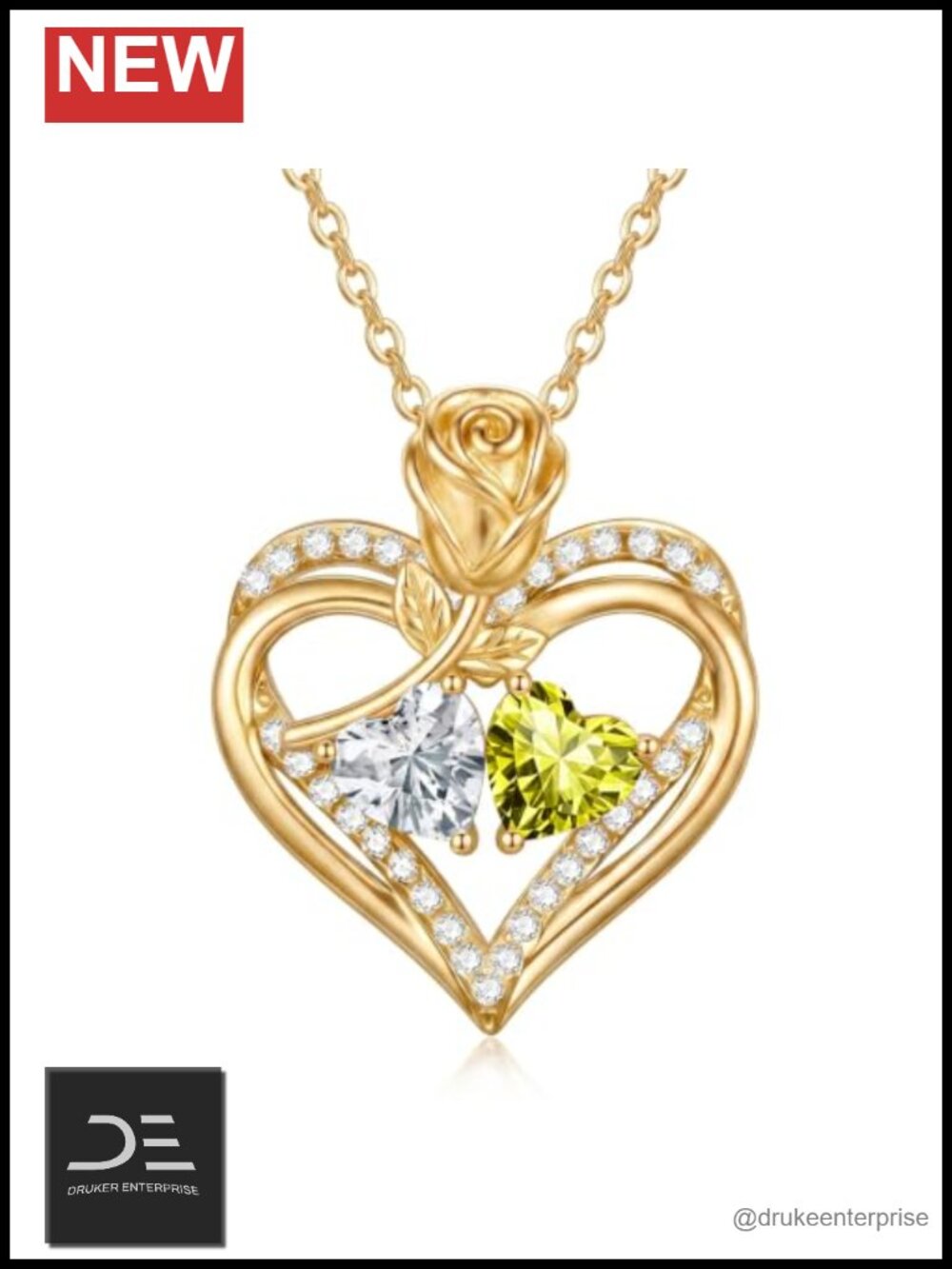 18k Gold Plated Double Heart Birthstone Pendant Necklace Women